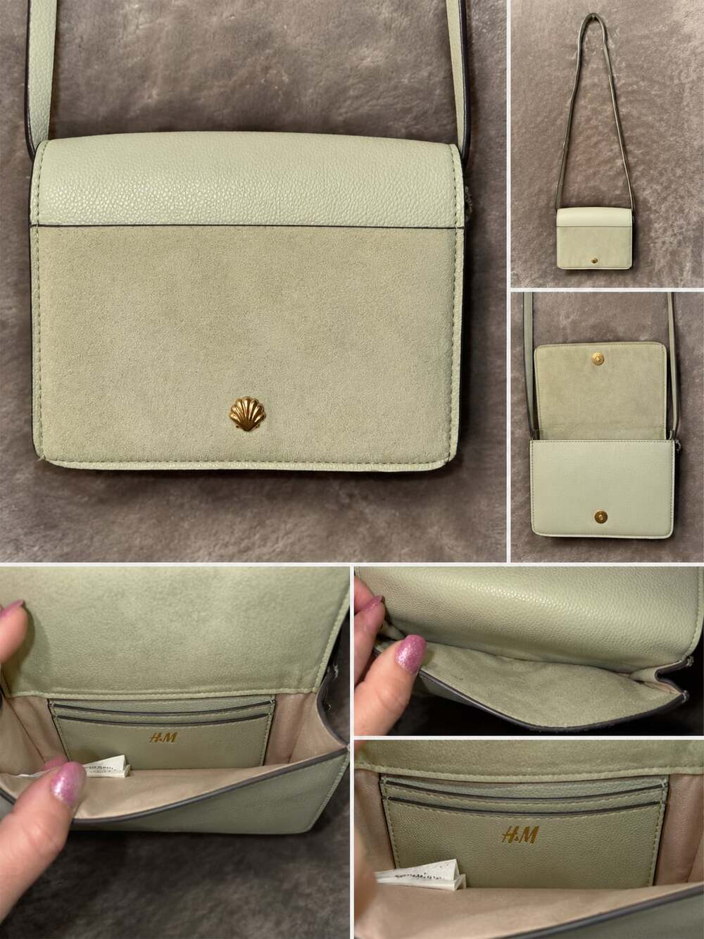 H&M Sage Green Faux Suede and Leather Crossbody Bag with Shell Detail
